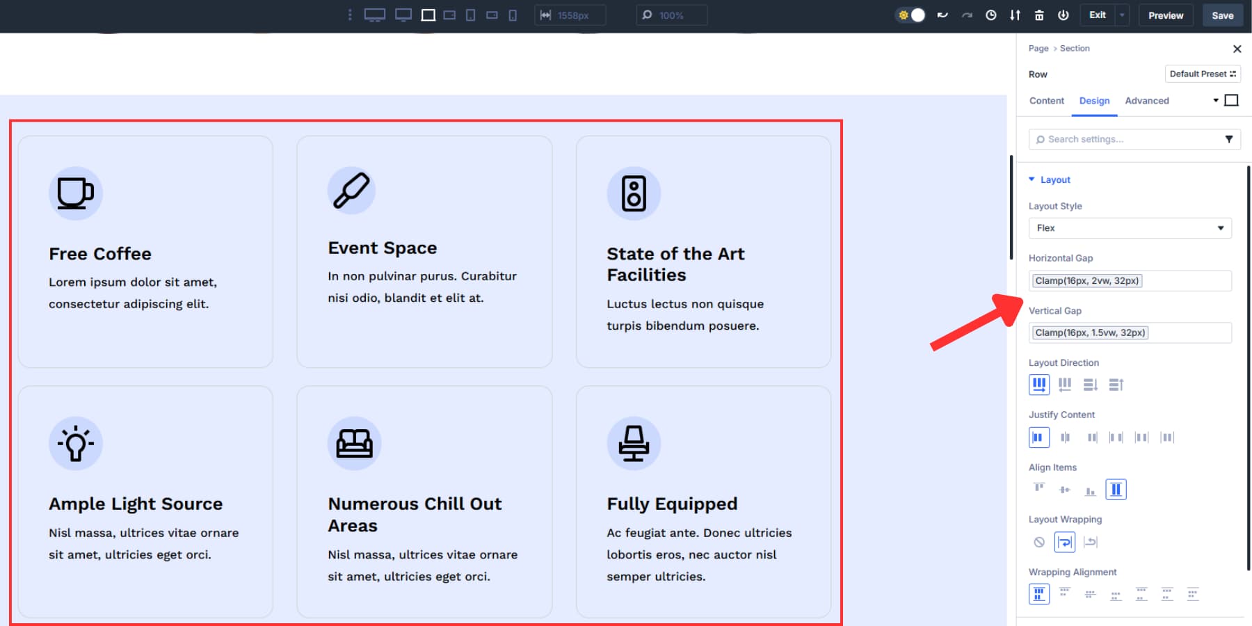 A screenshot of applying clamp gaps for layouts where columns extend to another line of row