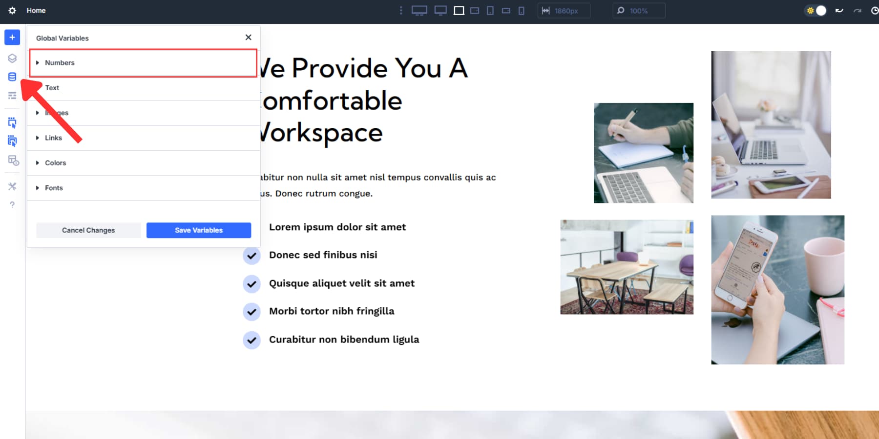 A screenshot of where to find design variable manager and what design variable to select