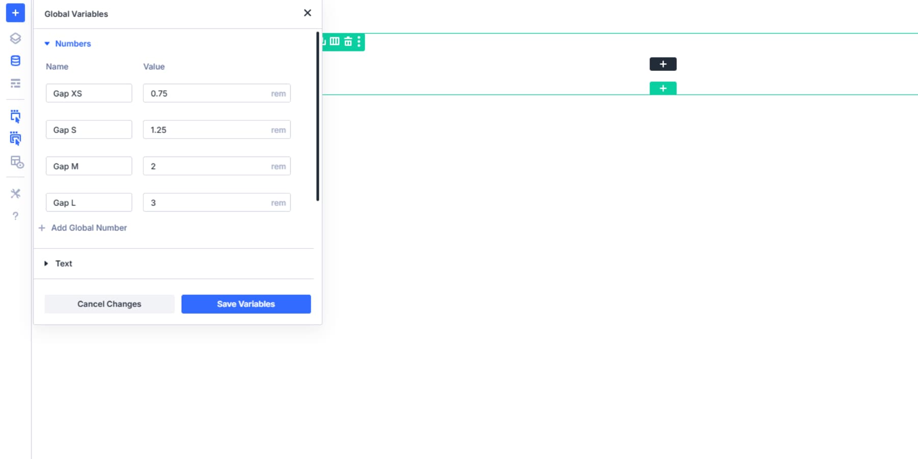 A screenshot of example gaps added to the numbers global variables