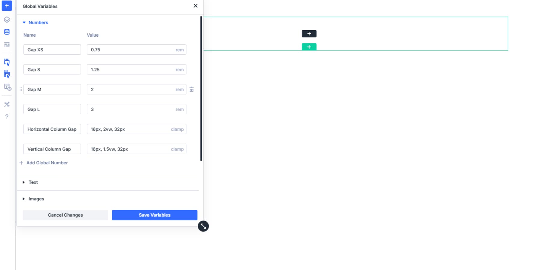 A screenshot of clamp gaps added to the numbers global variables
