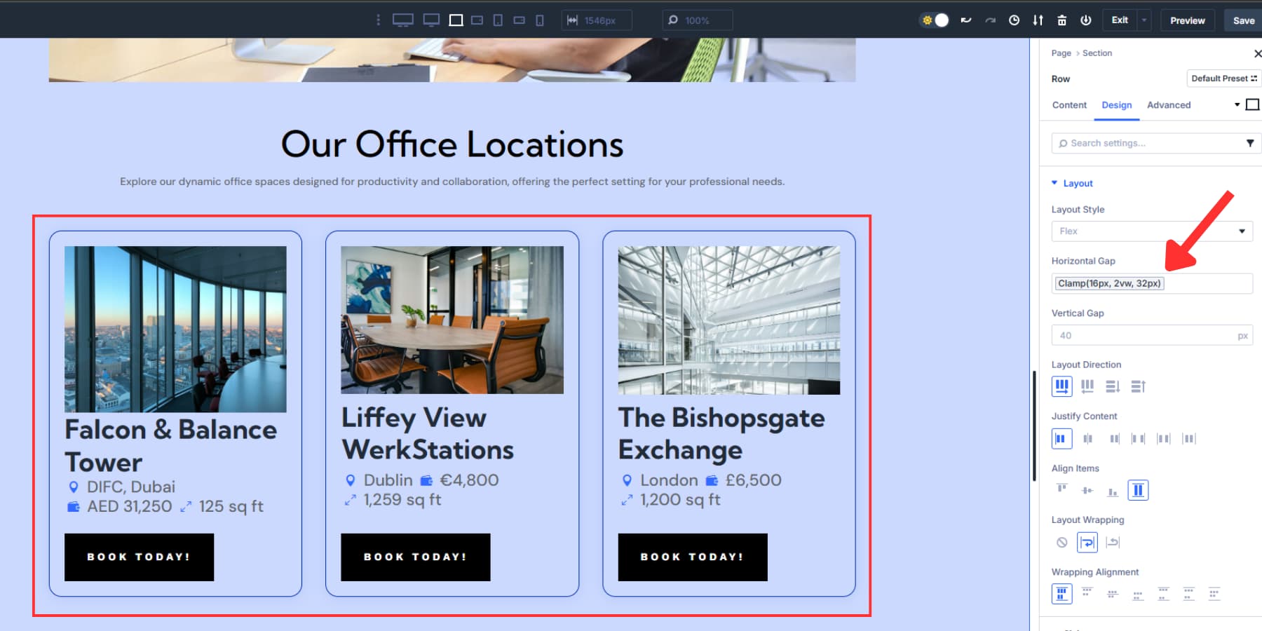 A screenshot of applying clamp gaps between columns set as rows in direction