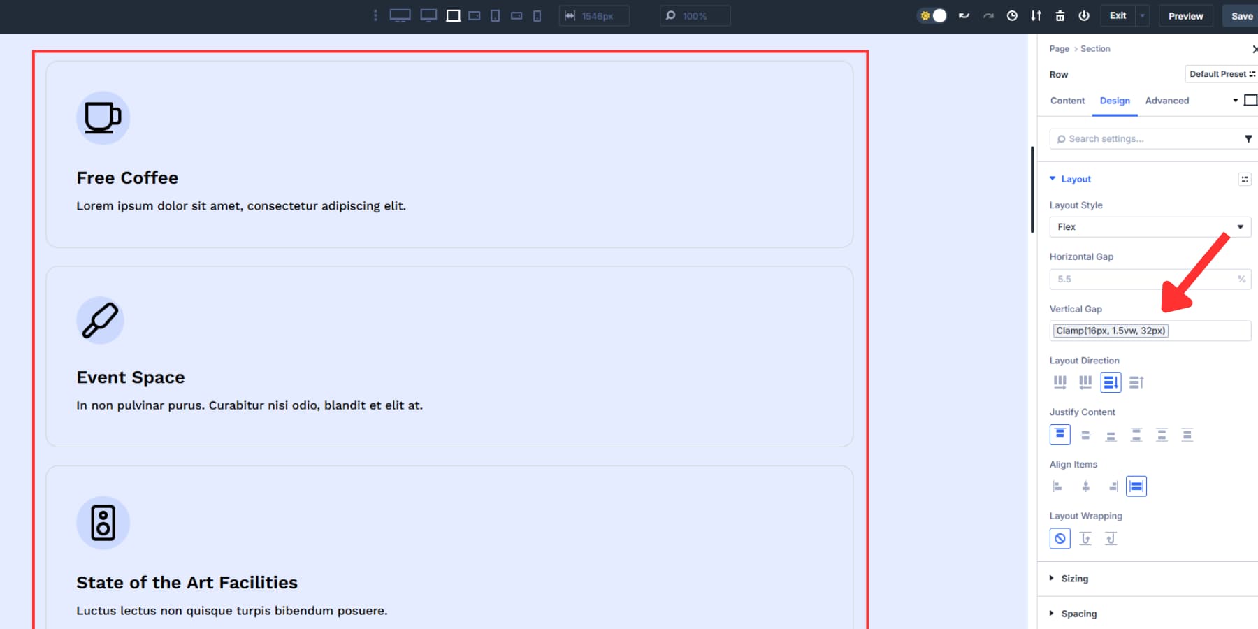 A screenshot of applying clamp gaps between columns set as columns in direction