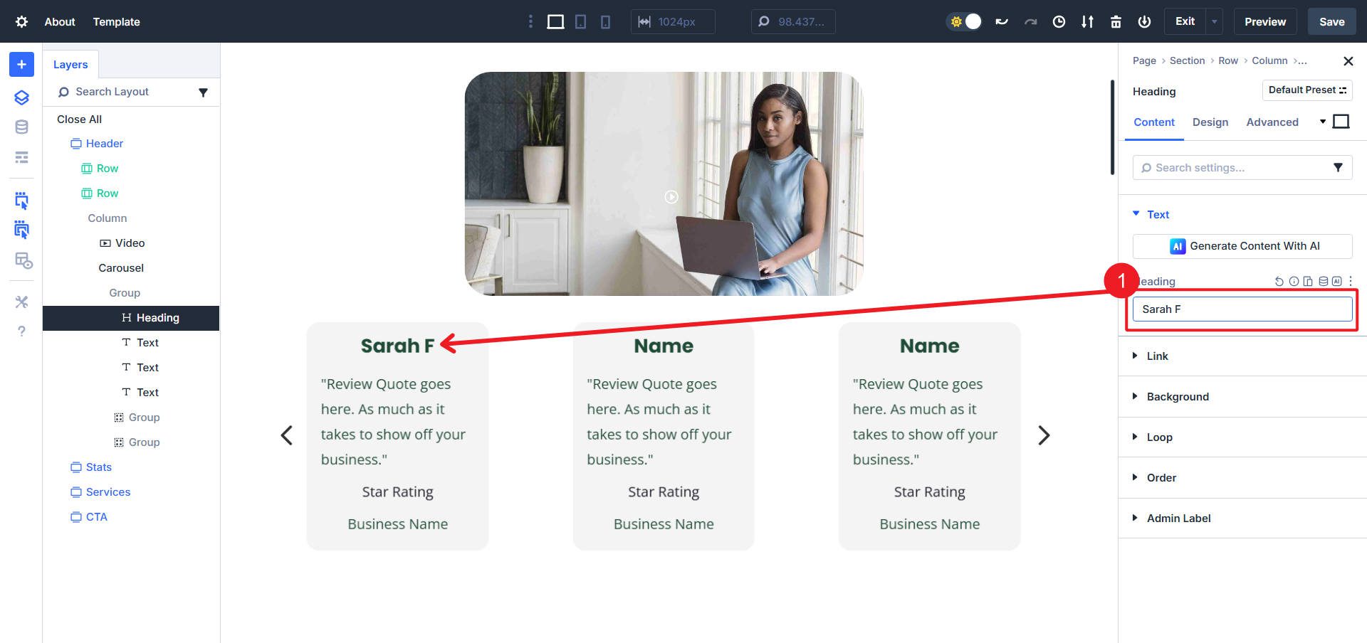 Duplicating Groups and Manually Entering in Testimonial Content
