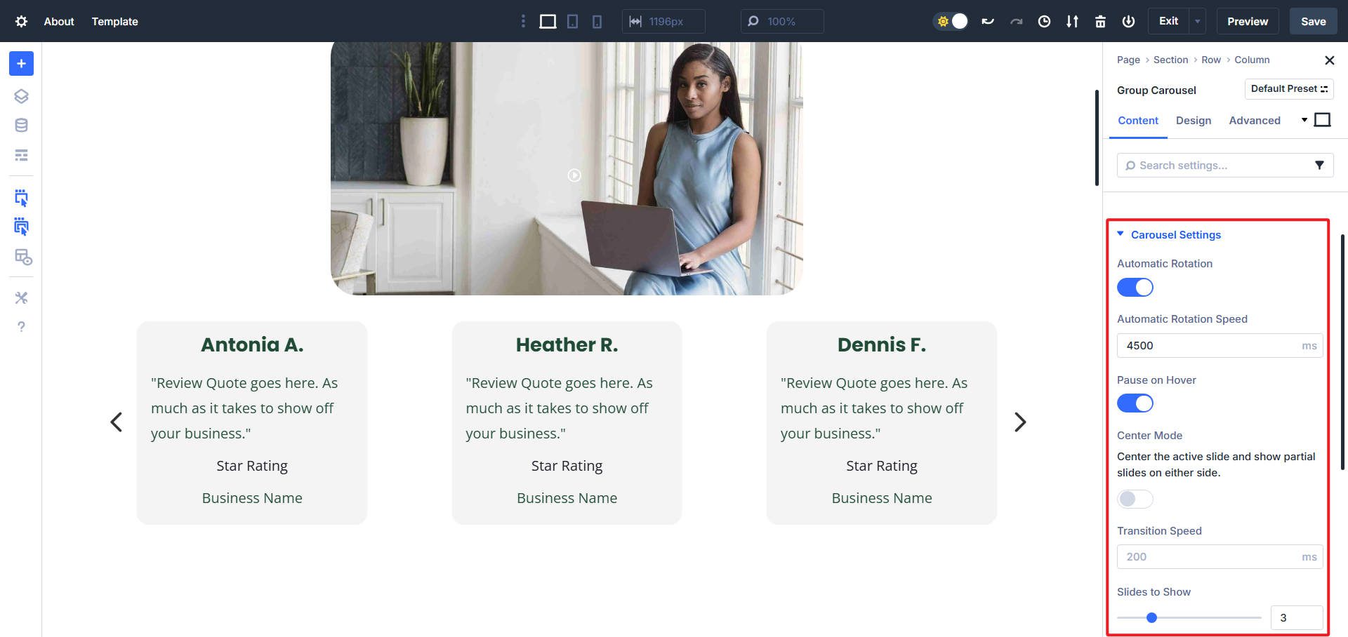 Carousel Animation Settings, Auto Rotate, Speed, Center Mode, Transition Speed, and Slides to Show
