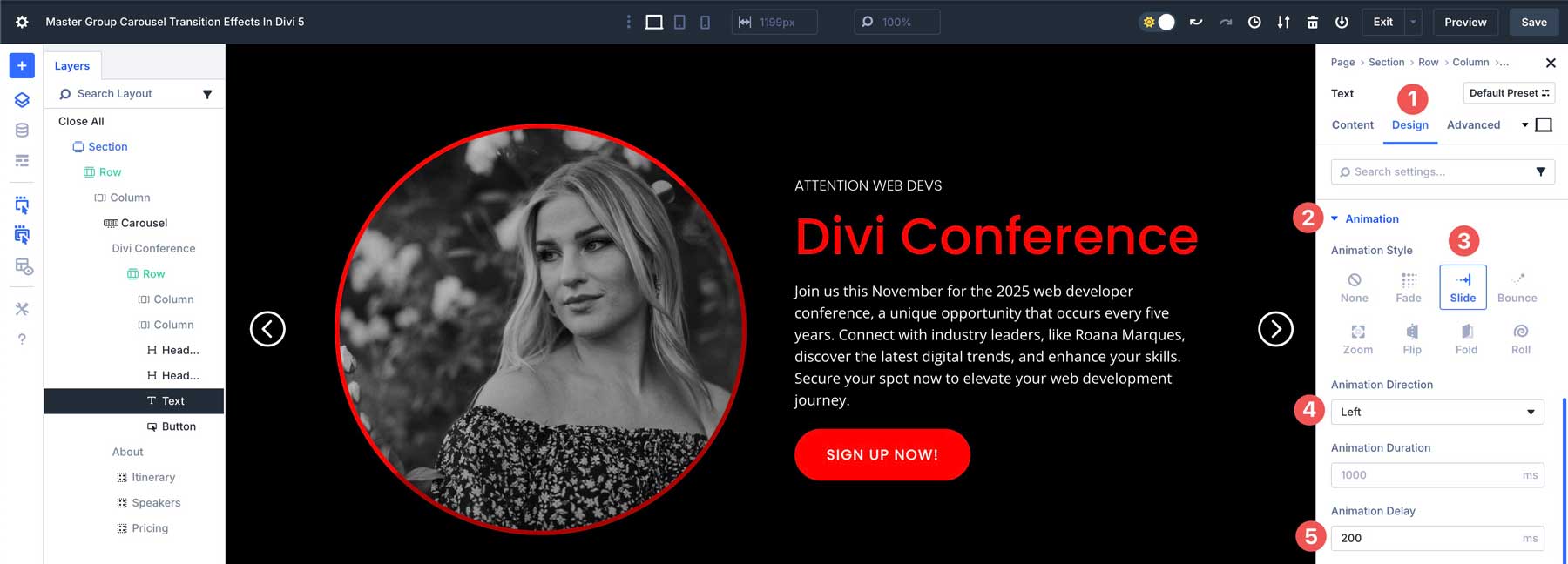 Group Carousel transition effects in Divi 5