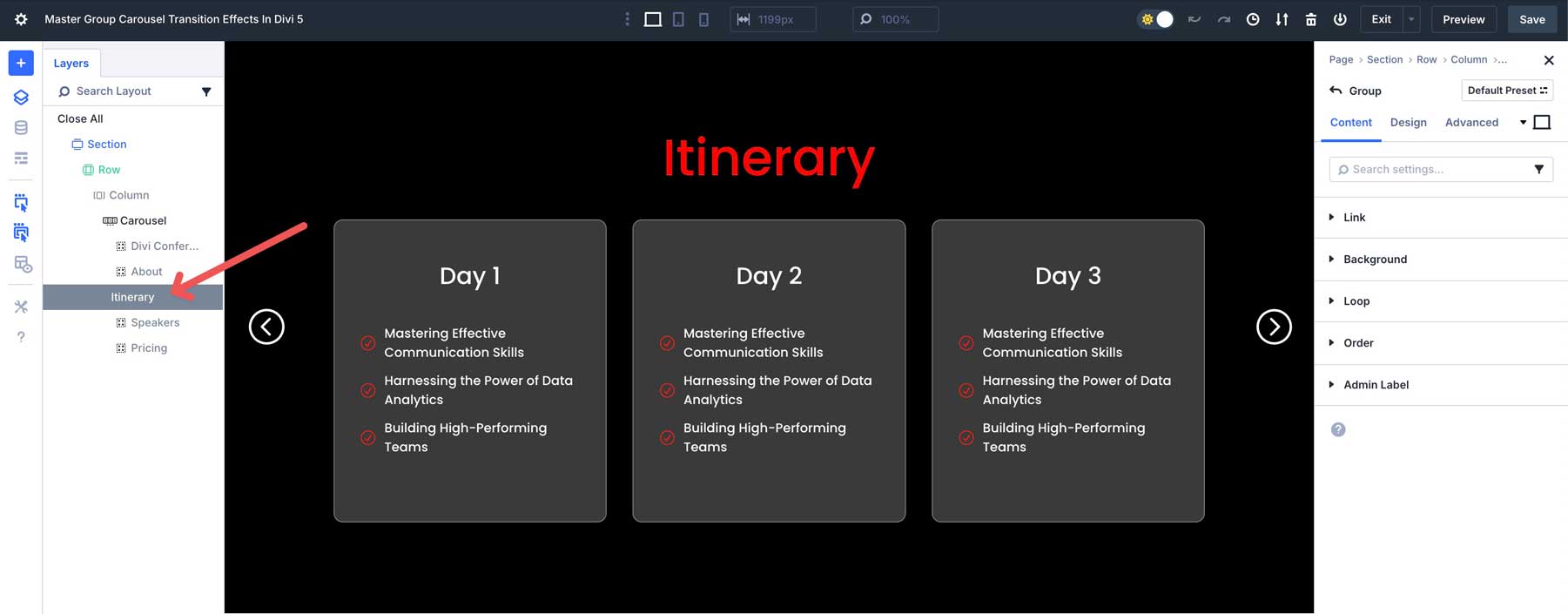 Group Carousel transition effects in Divi 5