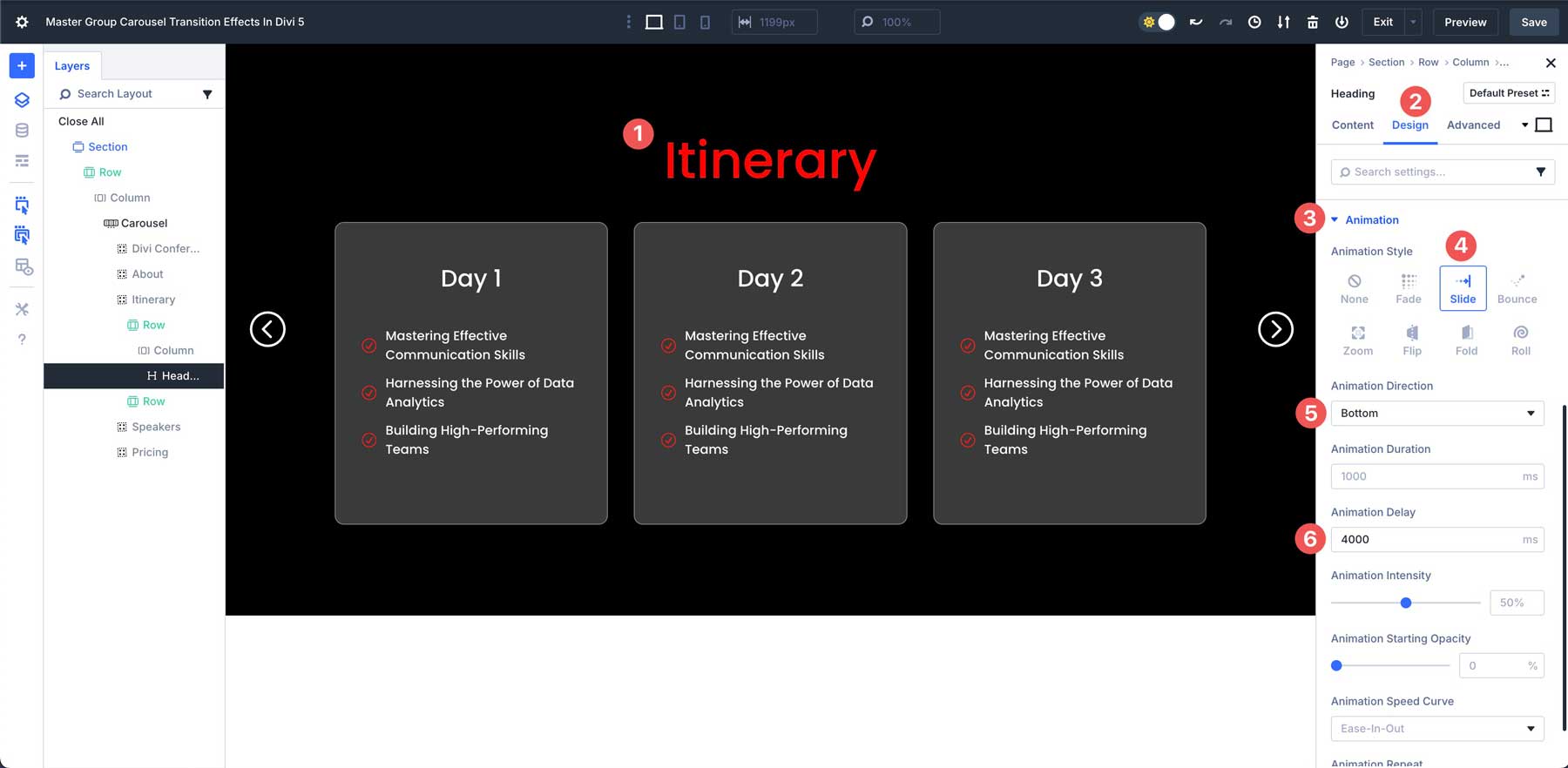 Group Carousel transition effects in Divi 5