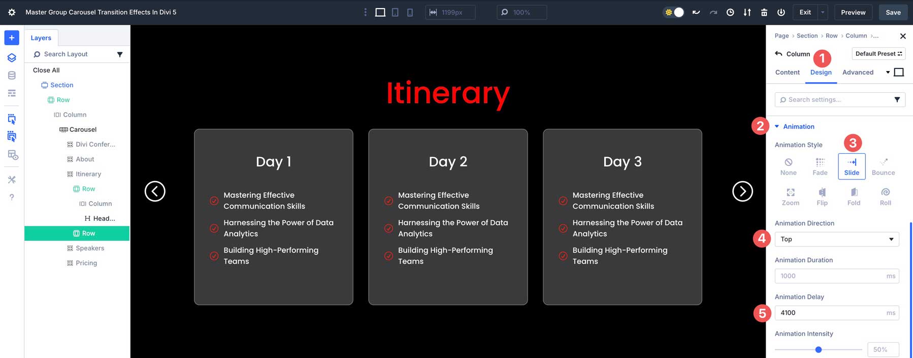 Group Carousel transition effects in Divi 5