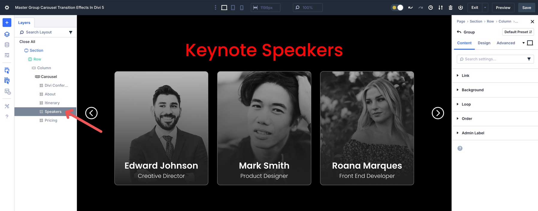 Group Carousel transition effects in Divi 5