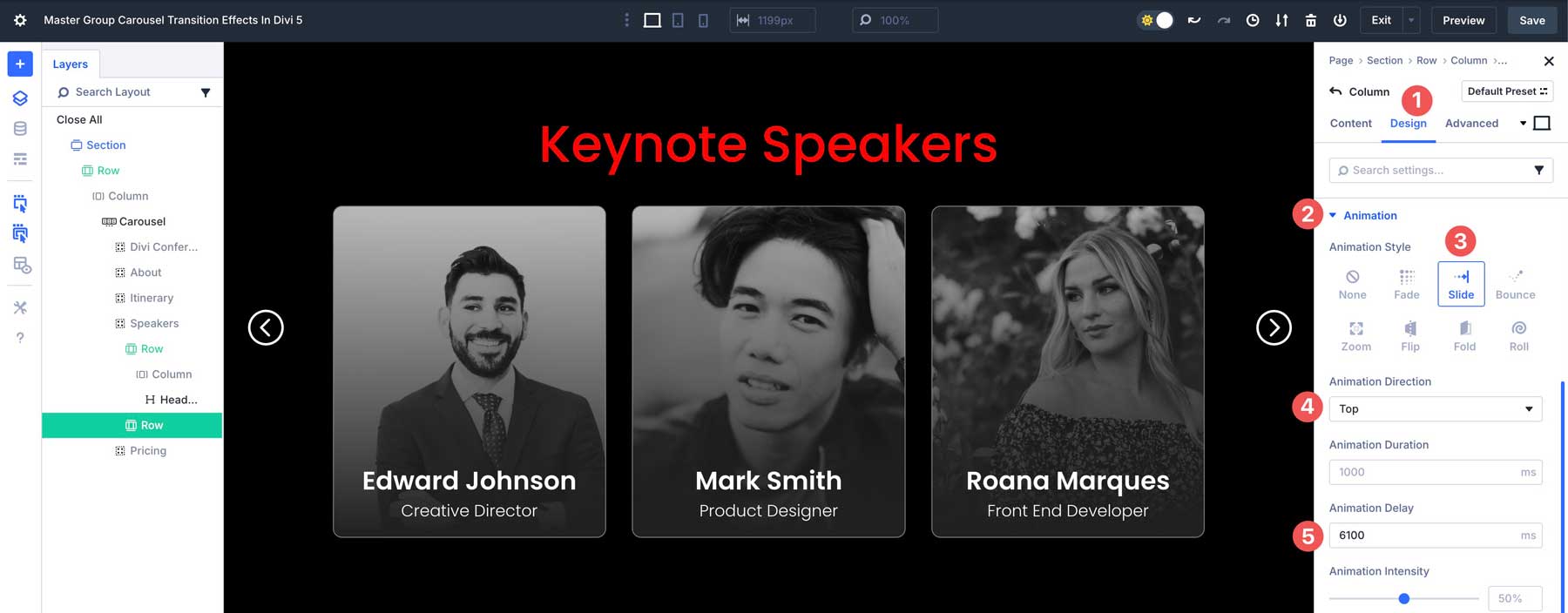 Group Carousel transition effects in Divi 5
