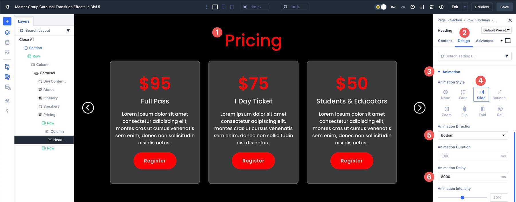 Group Carousel transition effects in Divi 5