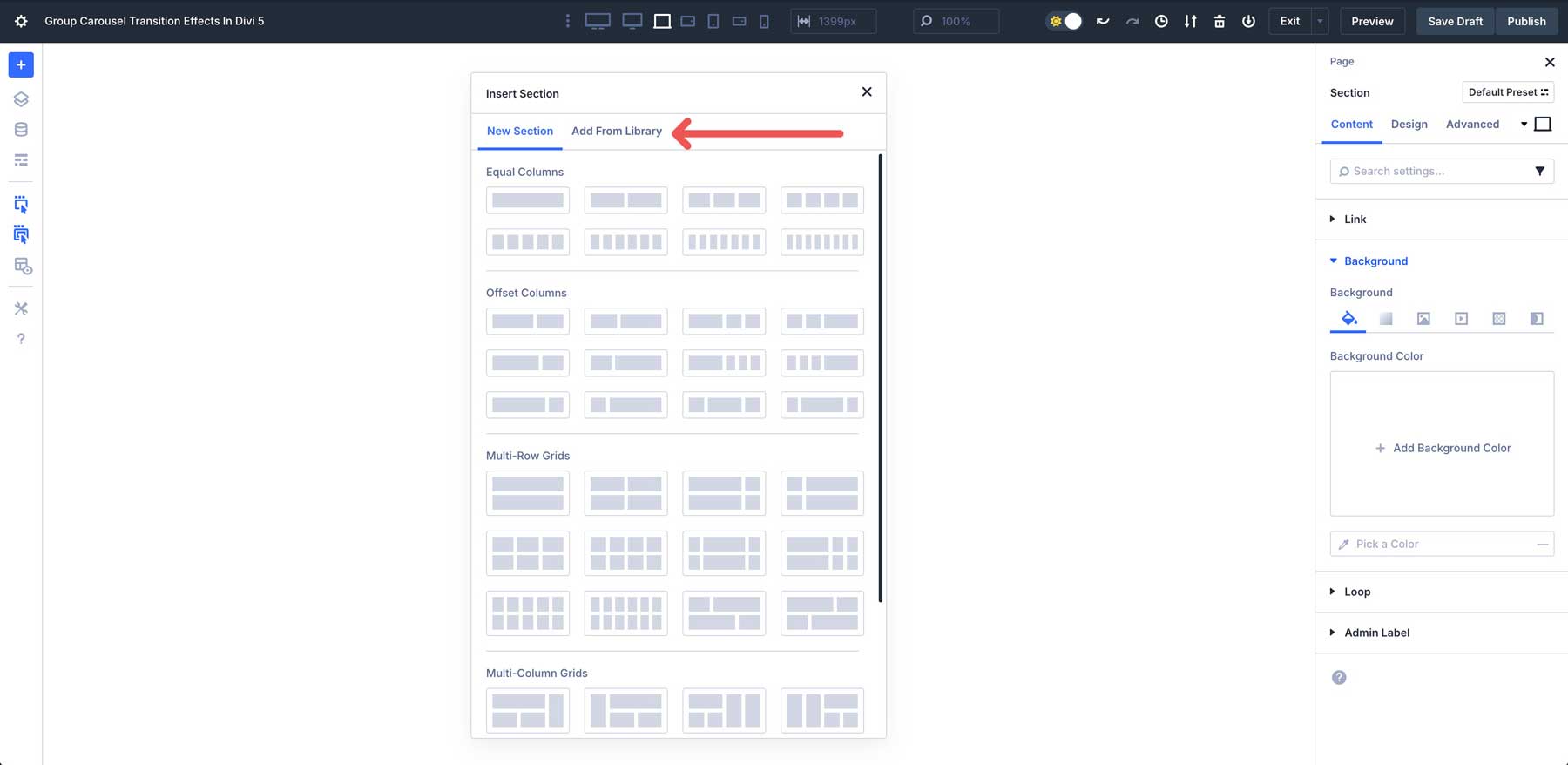 Group Carousel transition effects in Divi 5