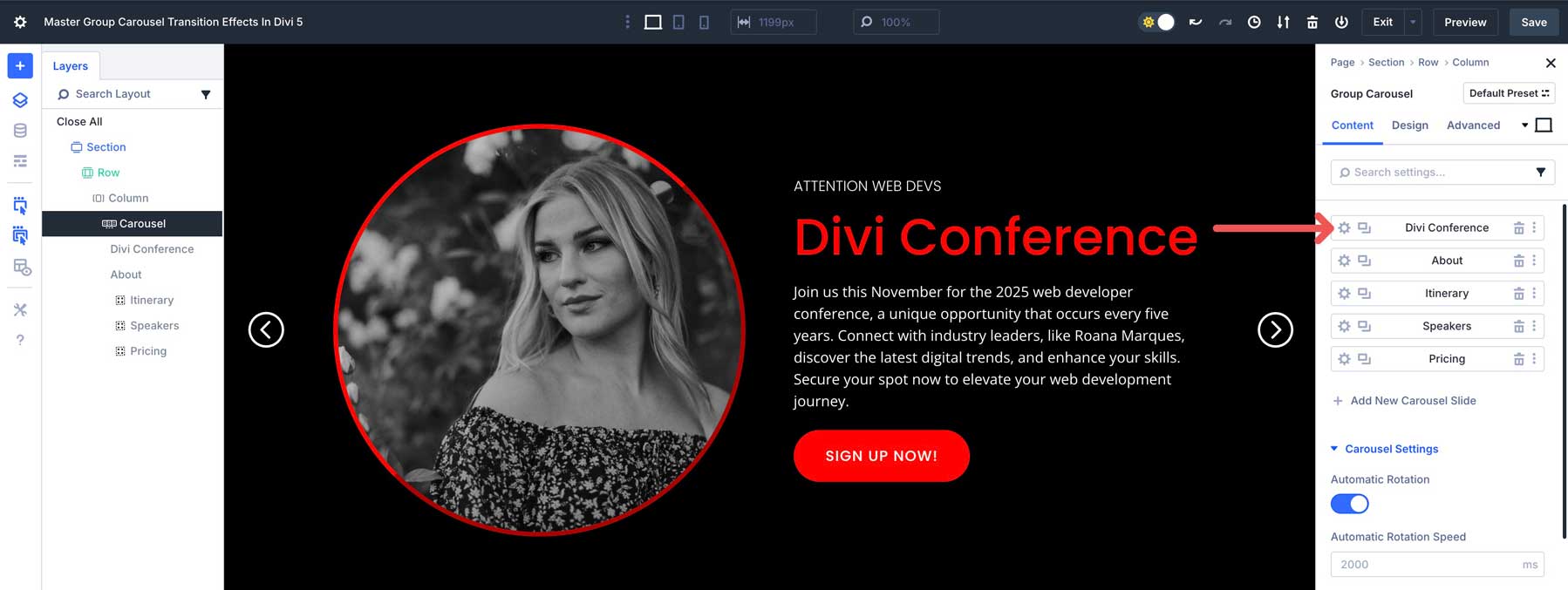 Group Carousel transition effects in Divi 5