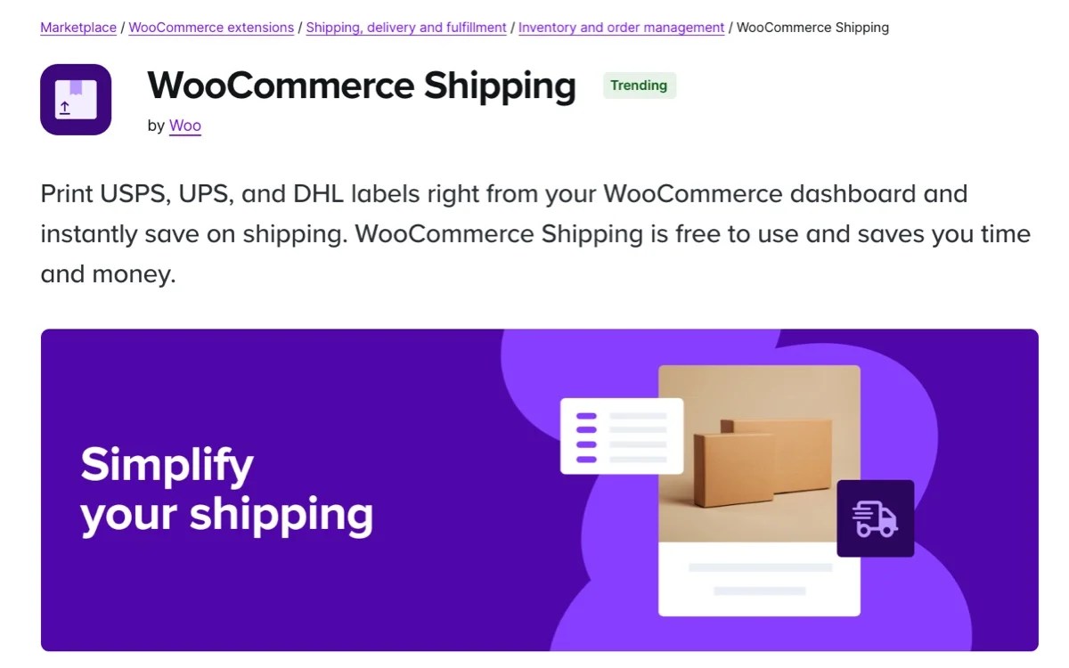 WooCommerce Shipping extension page