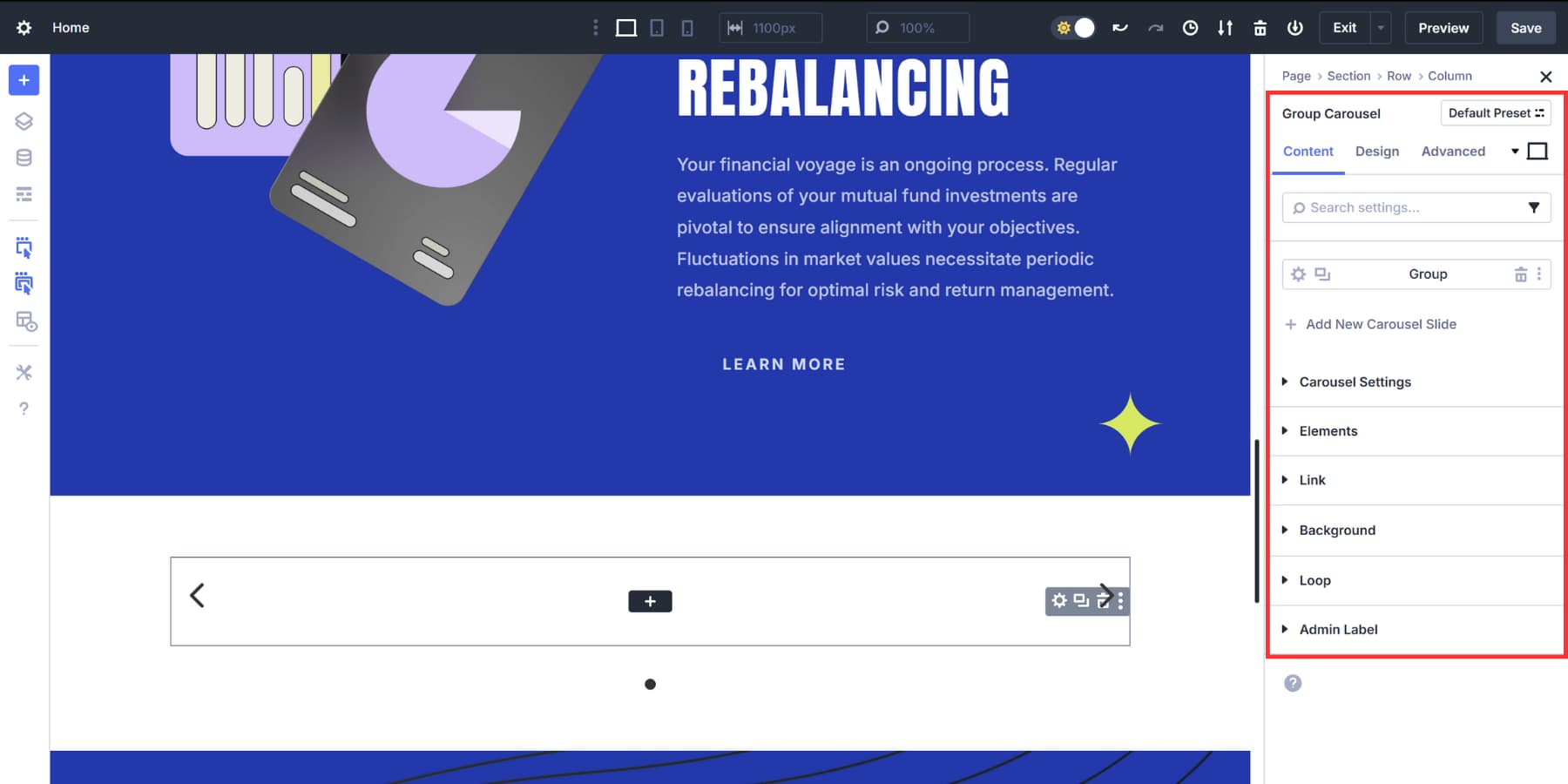 A screenshot of the content tab in Group Carousel settings in Divi 5