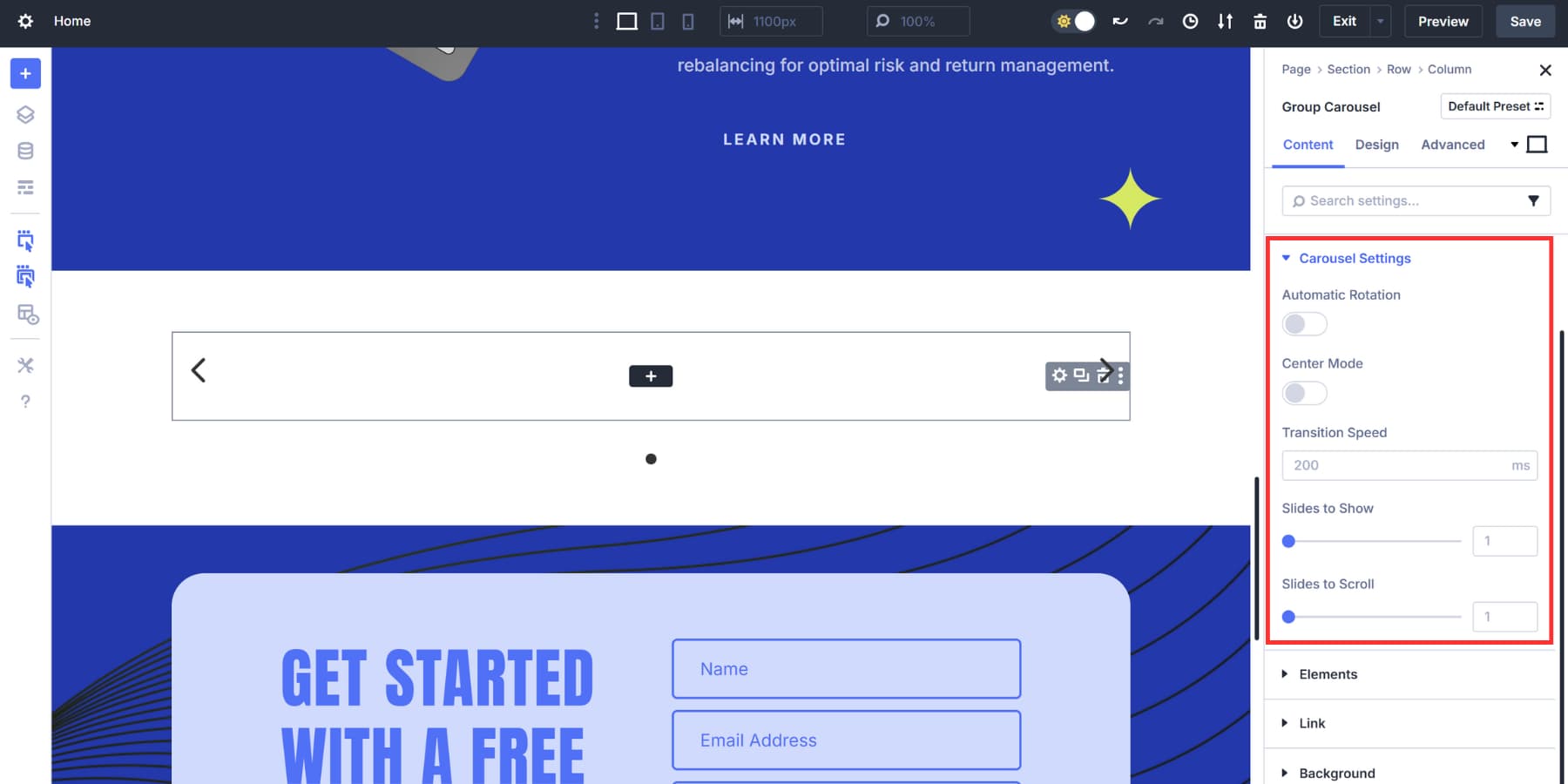 A screenshot of the carousel settings tab inside group carousel tabs
