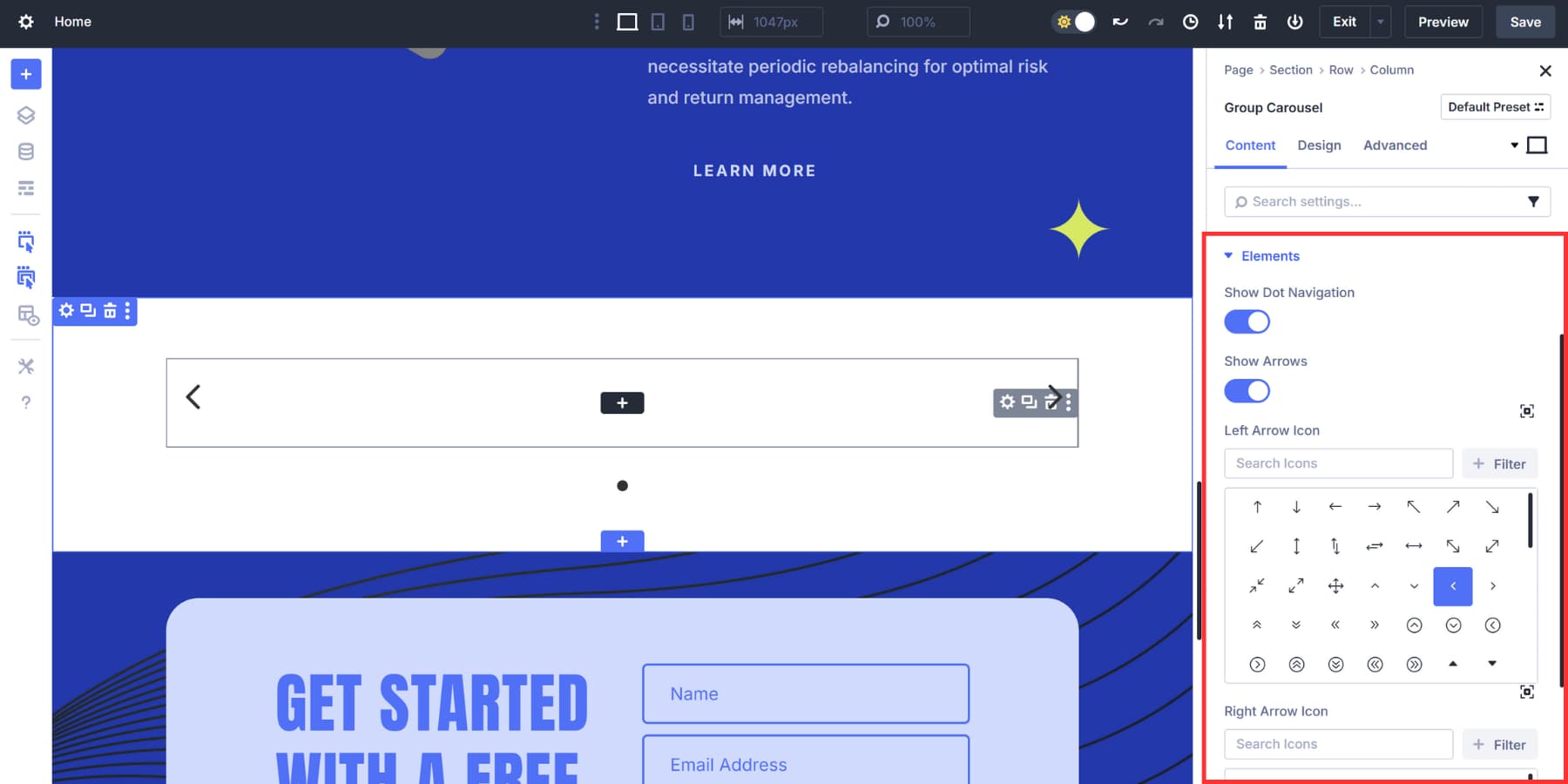 A screenshot of the elements tab inside group carousel tabs