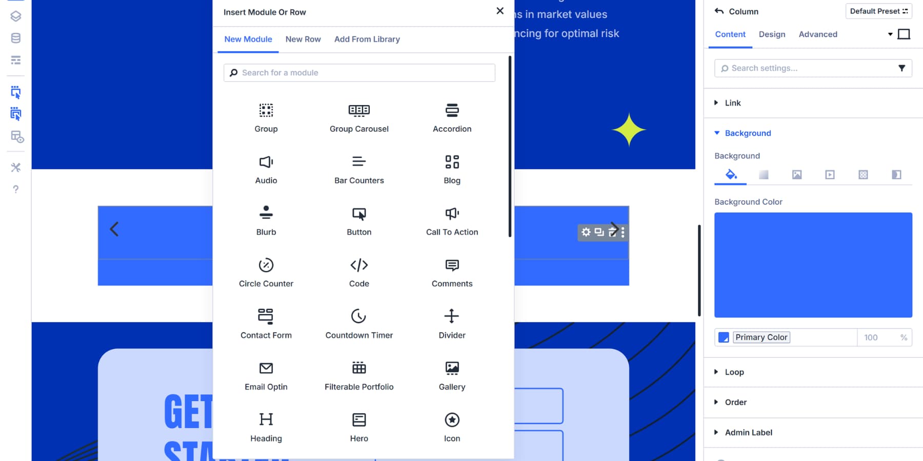 A screenshot of all modules available within Divi 5's group carousel's group