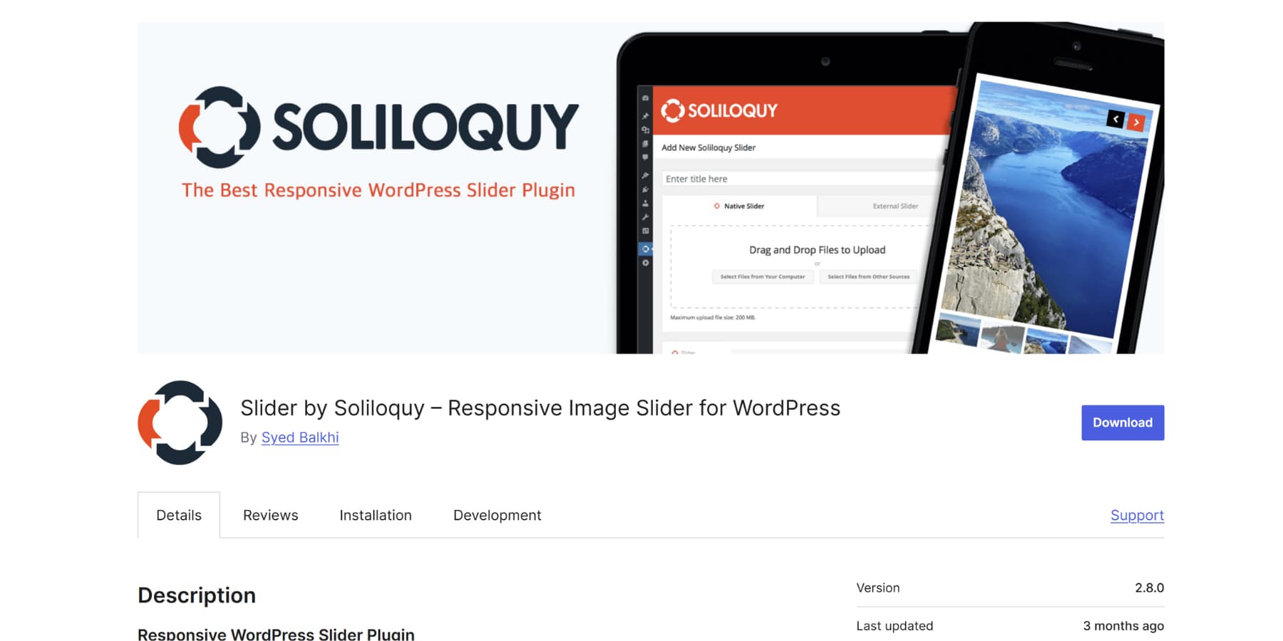 A screenshot Soliloquy plugin on WordPress plugin repository