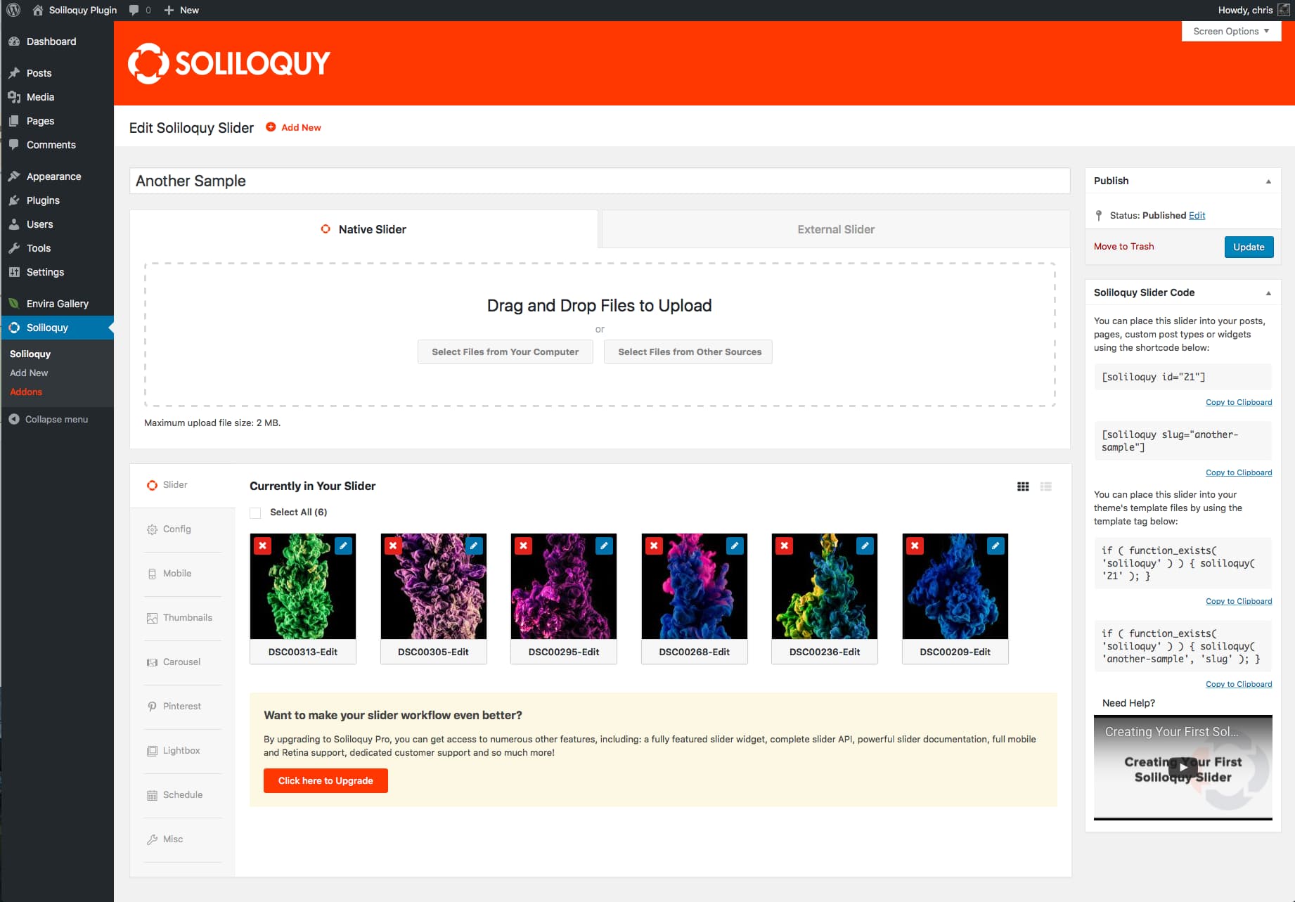 A screenshot Soliloquy plugin's user interface from WP plugin repo