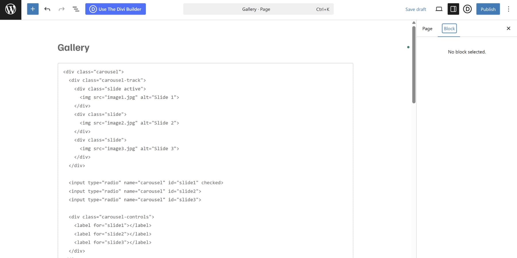 A screenshot of the code used in Gutenberg as a code block