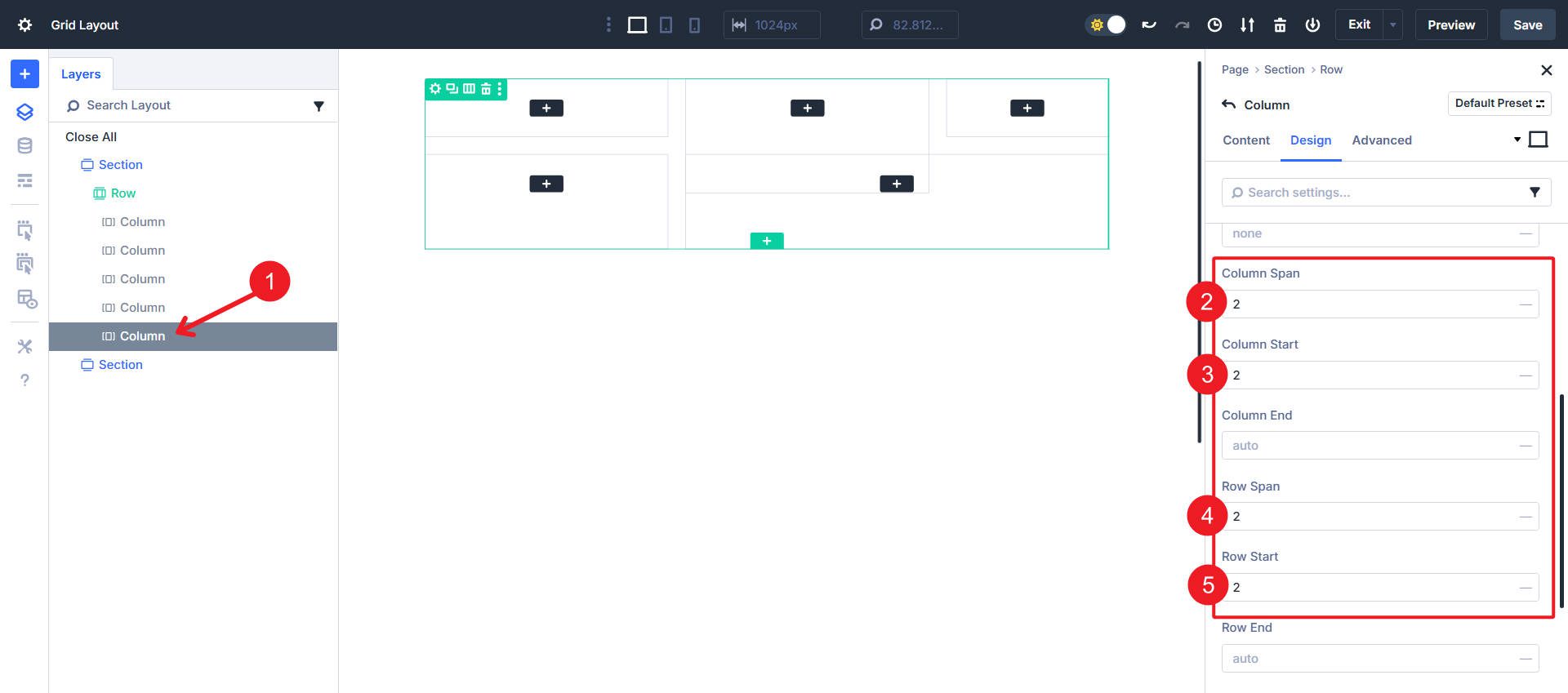 Column 5 - Col Span 2, Col Start 2, Row Span 2, Row Start 2