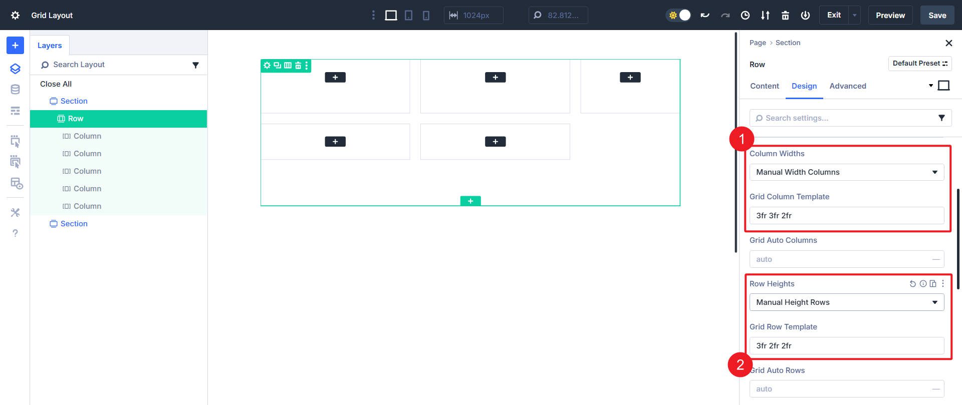 Set fr values on Grid Column Template and Grid Row Template