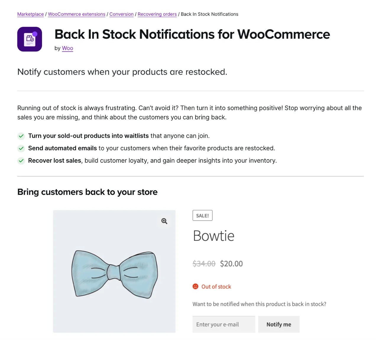 back in stock notifications for WooCommerce extension