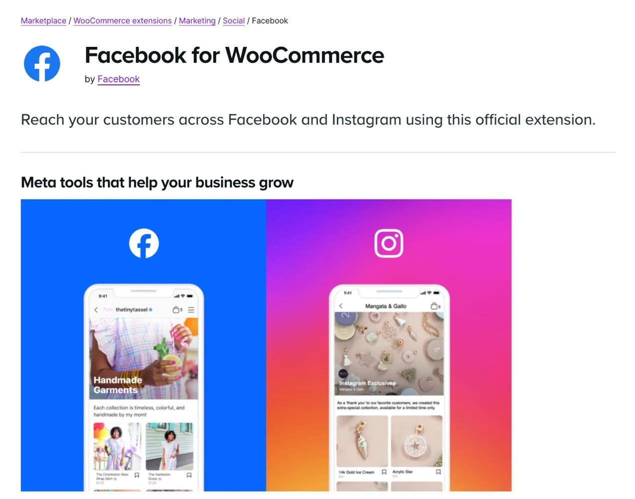 Facebook for WooCommerce extension page