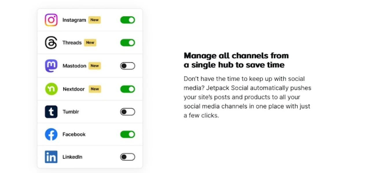 Jetpack Social page with the text "manage all channels from a single hub..."