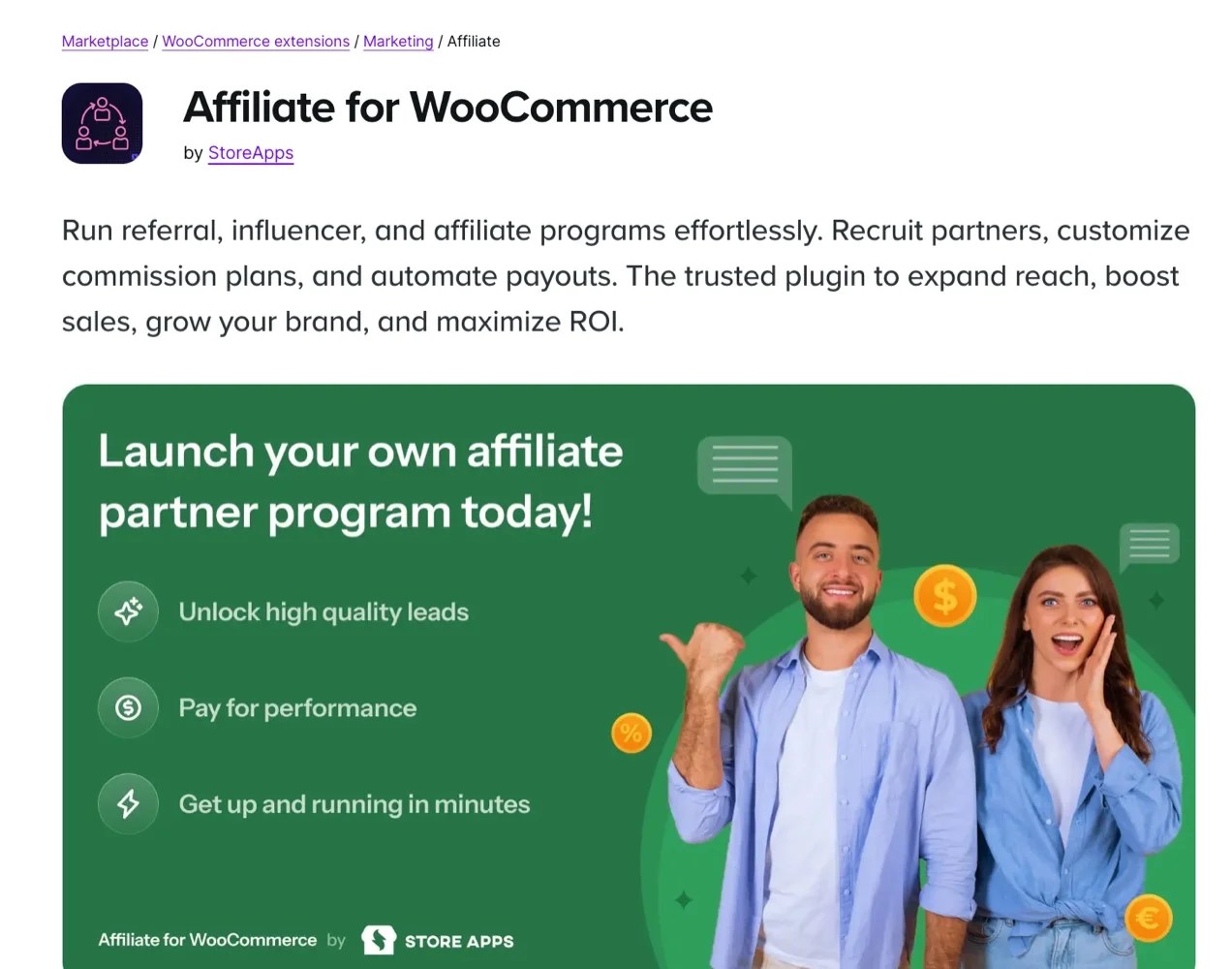 Affiliate for WooCommerce extension page with information about the tool